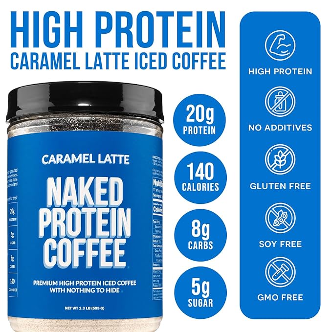 NAKED Caramel Latte Protein Coffee - Premium Colombian Iced Coffee Protein Shake Drink Delicious Keto Friendly and Gluten Free 17 Servings