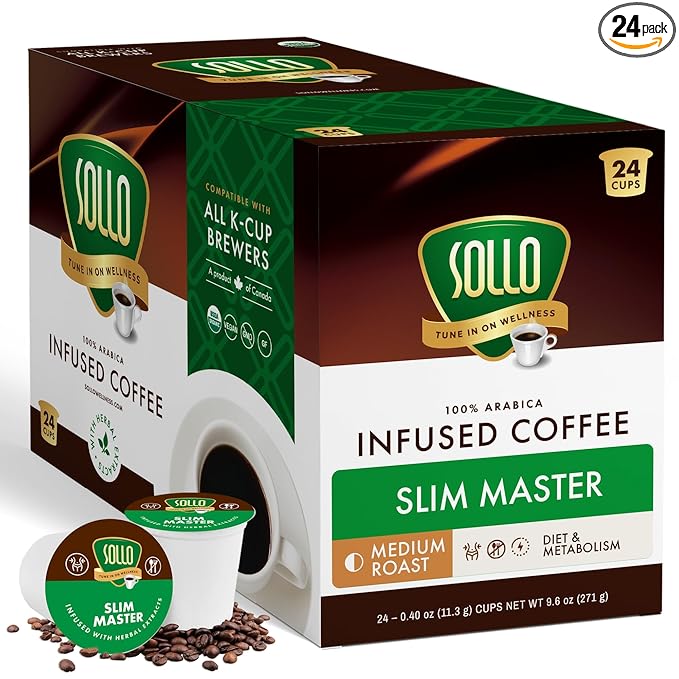 SOLLO Organic Slim Coffee Pods Medium Roast Low Acid Diet-Support Slim Single Serve Pods Compatible With 2.0 K-Cup Keurig Brewers 24 K Cup