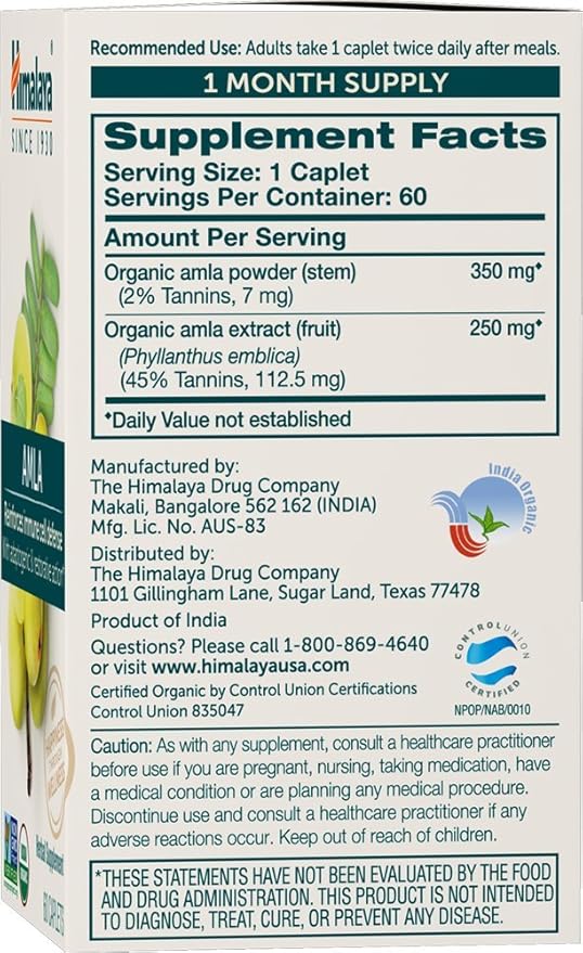 Himalaya Organic Amla/Amalaki for Active Immune Support and Cellular Defense 600 mg 60 Caplets 2 Month Supply 2 Pack