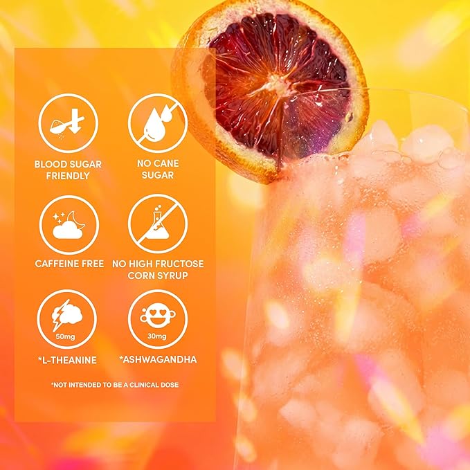 PERFY Healthy Soda for Brain &amp Mood – Nootropics w/L-Theanine &amp Turmeric + Real Fruit Juice – Caffeine-Free Low Cal Low Sugar Keto Gluten-Free (12-pack Blood Orange Yuzu)