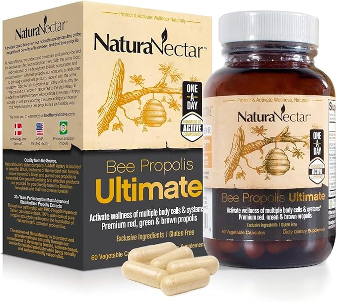 NaturaNectar - Ultimate Bee Propolis Capsules - NSF Contents Certified -Brazilian Red Brown &amp Green - Gluten-Free Supplement with Flavonoids - Naturally Sourced Through Ethical Beekeeping (60pcs