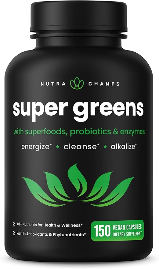 Organic Super Greens Capsules - Daily Fruits and Veggies Supplement - 150 Green &amp Reds Superfood Pills - 40+ Natural Whole Food Fruit &amp Vegetables Prebiotic Fiber &amp Probiotics &amp Diges