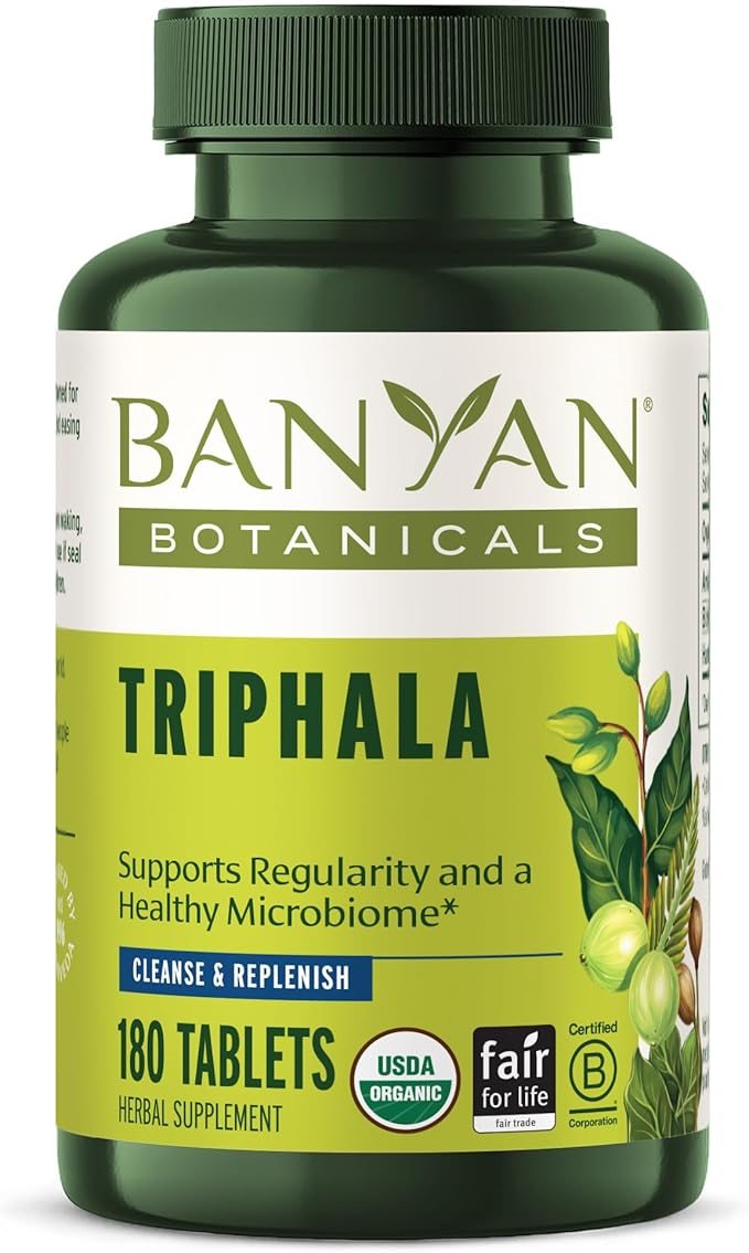 Banyan Botanicals Organic Triphala Tablets - Gentle Daily Digestion &amp Colon Cleanse Support - Amla Haritaki Bibhitaki - Healthy Elimination Detox &amp Gut Microbiome - 180 Tablets - Non-GMO V