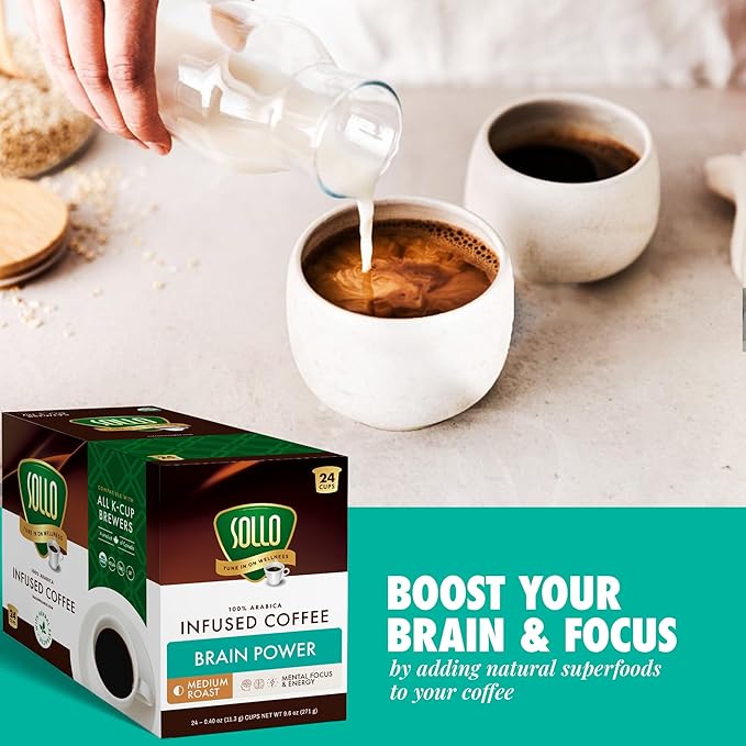 SOLLO Brain Power Medium Roast Coffee Pods with MCT Acai &amp Vitamins - Improves Memory &amp Focus Compatible with 2.0 K-Cup Keurig Brewers 24 Ct