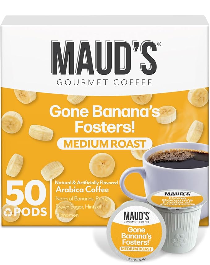 Maud's Banana Flavored Coffee Pods 50 ct Medium Roast Flavored Coffee in Single Serve Pods – 100% Arabica Beans Compatible with Keurig K Cups Maker