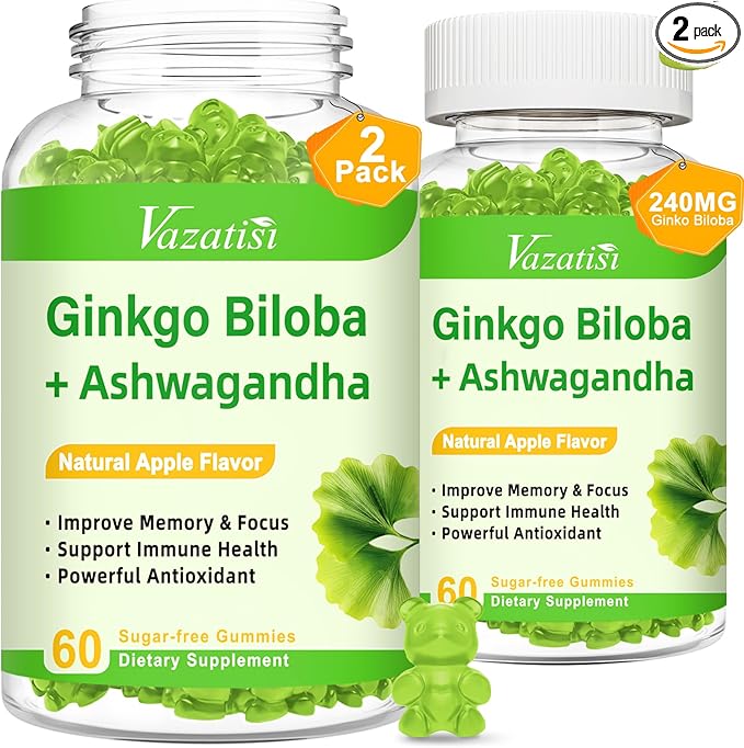 2 Pack Ginkgo Biloba Gummies 240MG with Panax Ginseng for Better Mood and Focus Booster Brain Health 120 Vegan Apple Flavor Gummies