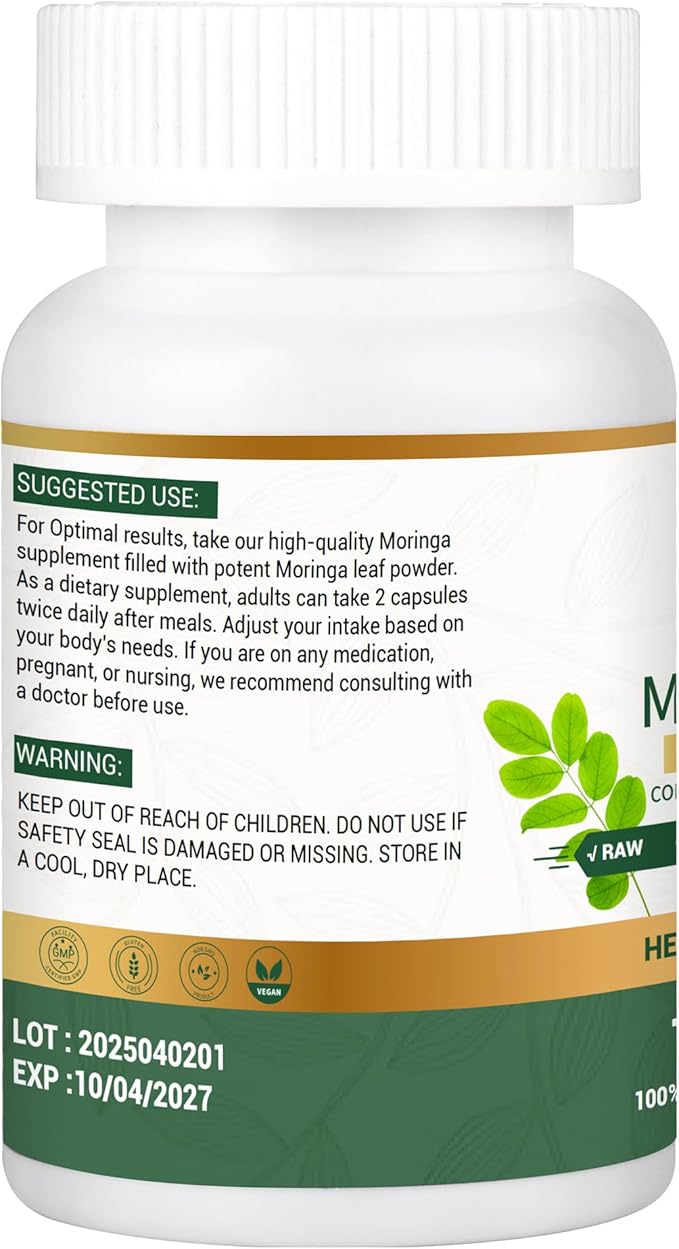Moringa Capsules 800mg 120 Moringa Pure Capsules For Energy Immune Support Gut Health &amp Powerful Green Superfood Rich In Antioxidants Essential Vitamins &amp Amino Acids Non-GMO &amp Glute