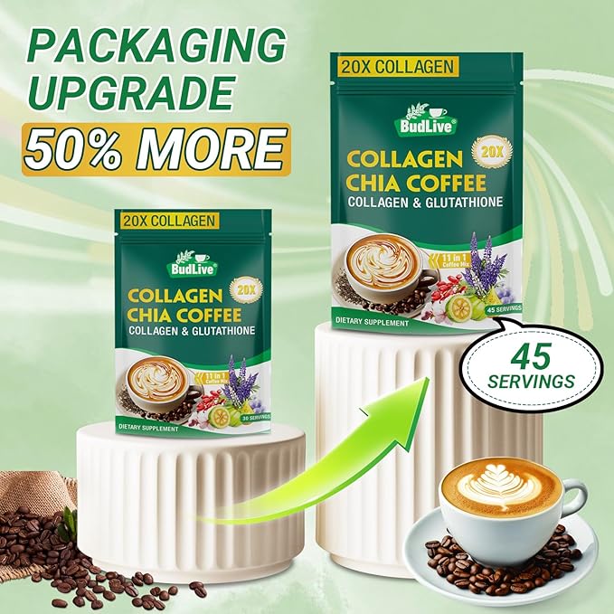 20X Collagen Chia Coffee 11 in 1 Coffee Mix with Collagen &amp Chia Seeds Goji Berry Supports Hair Skin &amp Nails Sugar Free Vegan 45 Servings (9.8Ounce (Pack of 2)