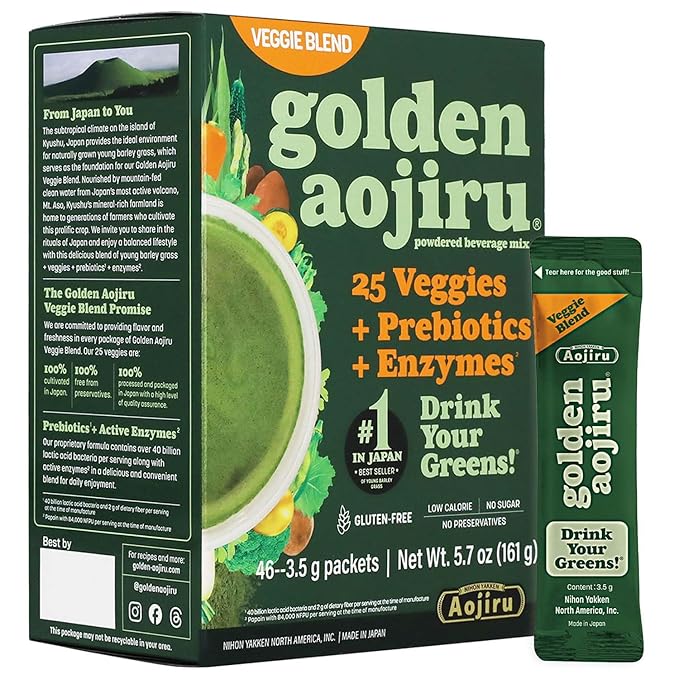 Golden Aojiru Green Superfood Powder – Japanese Barley Grass Juice with 25+ Vegetables Prebiotic &amp Enzymes – Gluten Free Green Juice – 46pcs