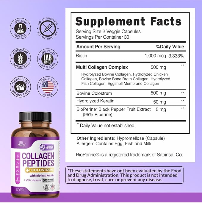Collagen Peptides for Women with Colostrum Biotin and Keratin - Type I II III V X - 5X Higher Absorption - Hair Skin and Nails Vitamins - Collagen for Women - Collagen Pills - 60 Capsules