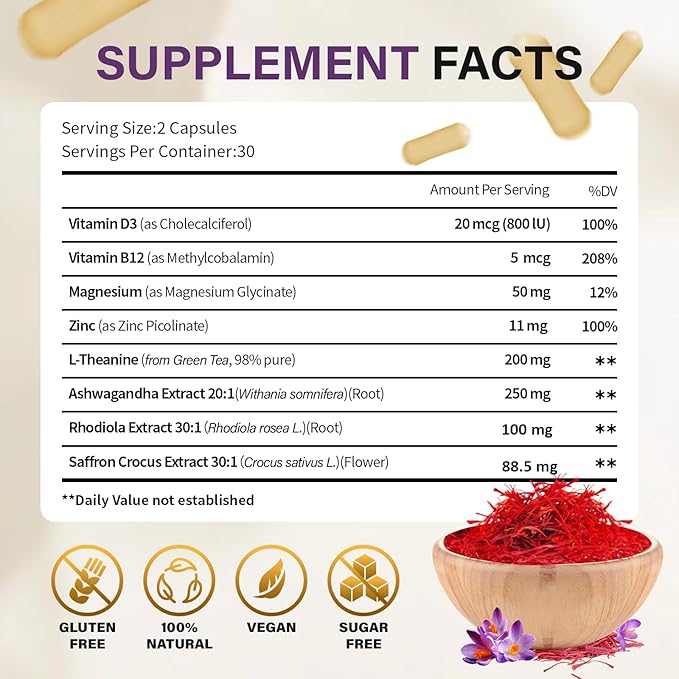 Saffron Supplements – Blend with Ashwagandha Safron Rhodiola Magnesium L-Theanine Zinc &amp B12 88.5 mg Pure Saffron Extract Capsules Mood Energy Vision &amp Focus – 60 Vegan Capsules