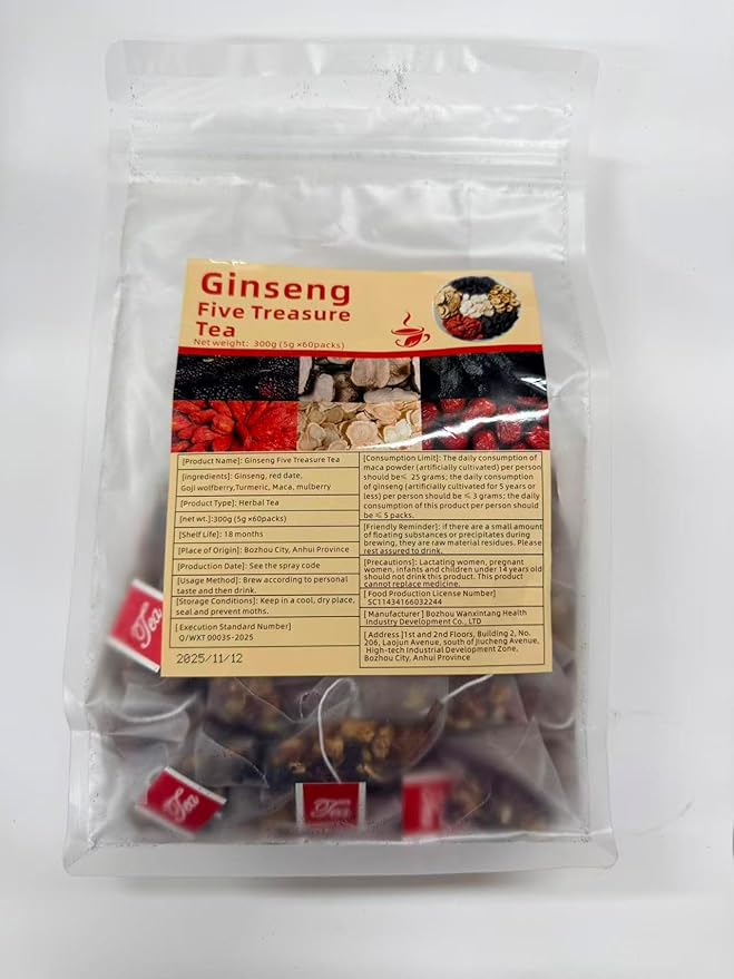 Ginseng Six Treasure Tea for Kidney Cleanse 6 Precious Ingredients Formula Five Treasure Tea for Men &amp Women Natural Traditional Chinese Herbal TeaBag (60 bags)