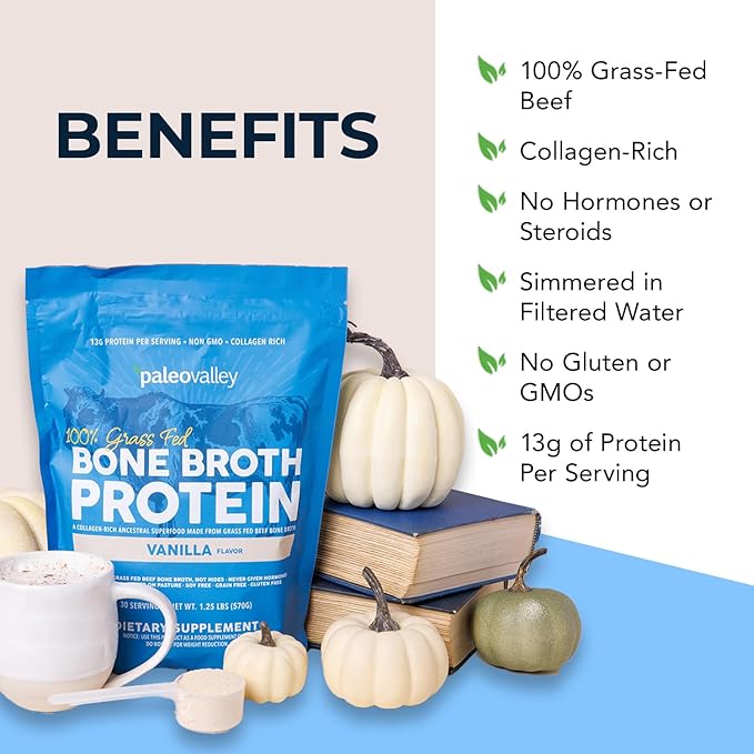 Paleovalley 100% Grass Fed Beef Bone Broth Protein Powder - Rich in Collagen Peptides for Hair Skin Gut Health Bone and Joint Support - 13g Protein Per Serving - No Gluten or GMOs - Vanilla