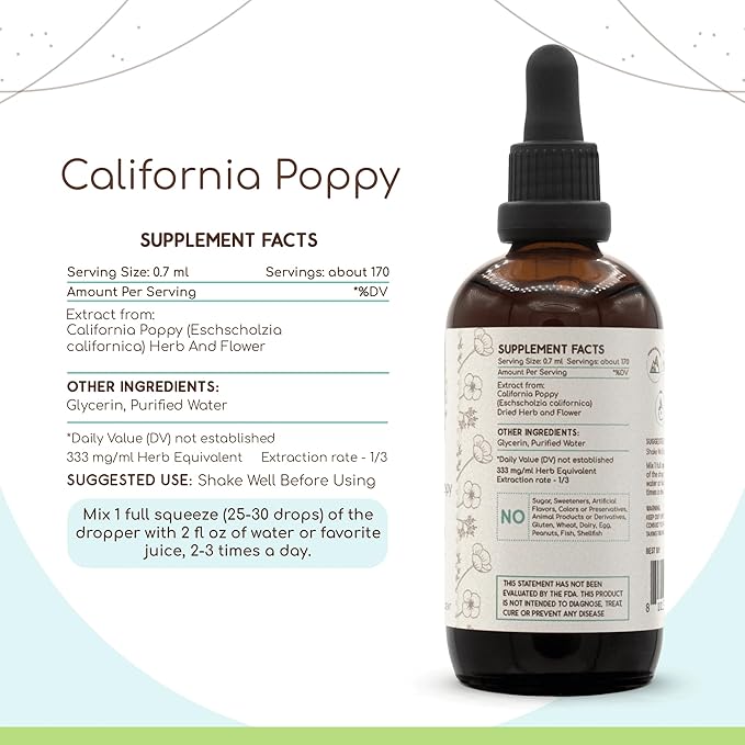 California Poppy B120 Alcohol-Free Herbal Extract Tincture Concentrated Liquid Drops Natural California Poppy (Eschscholzia Californica) Dried Herb and Flower (4 fl oz)