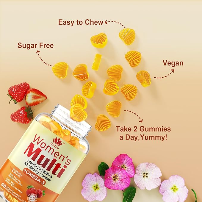 Womens Multivitamin Gummy with Omega 3（DHA/EPA) Vitamin D3 K2 Calcium Inositol Daily Womens Vitamin A C E B Complex L-MethylFolate Methyl B12Sugar Free Methylated Multivitamins Minerals 60Cts