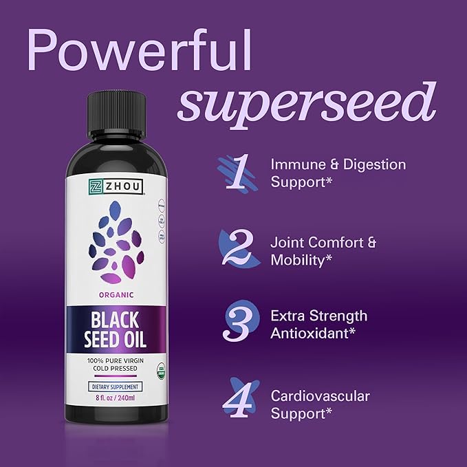 ZHOU Black Seed Oil &amp Capsules - Black Cumin Seed Oil Cold Pressed Pure Unrefined Nigella Sativa Premium Supplement for Health Hair &amp Skin - 8 fl oz Bottle &amp 60 Capsules