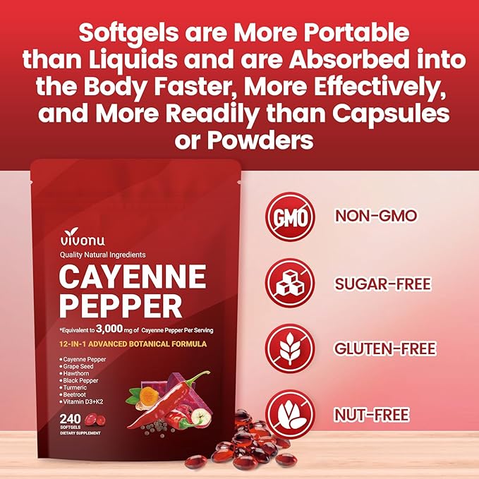 VivoNu Cayenne Pepper Softgels Supplement Supports Leg Vein Heart and Blood Vessel Health with Vitamin E D3+K2 and Extracts of Grape Seed Hawthorn Beetroot Berberine and Other