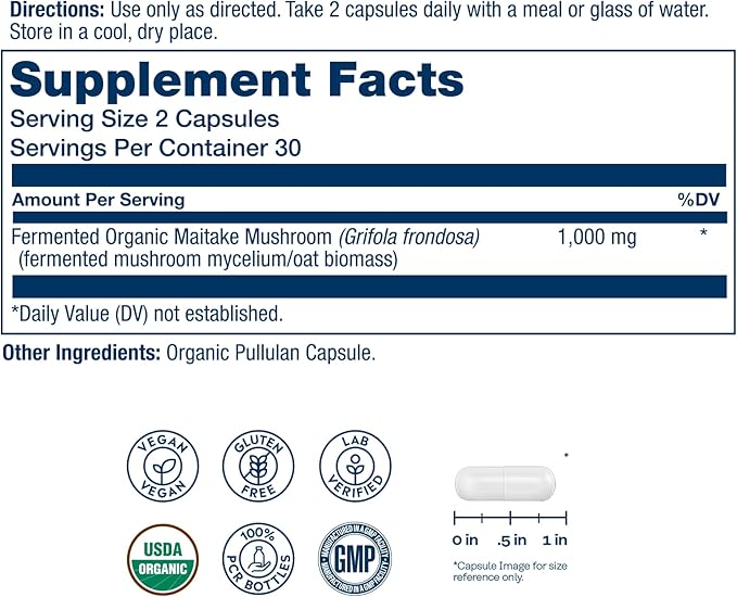 SOLARAY Organic Fermented Maitake Mushroom Supplement 1000mg - Herbal Adaptogens - Powerful Mushrooms for Health and Wellness Support - Vegan Gluten Free 60-Day Guarantee 30 Servings 60 VegCaps
