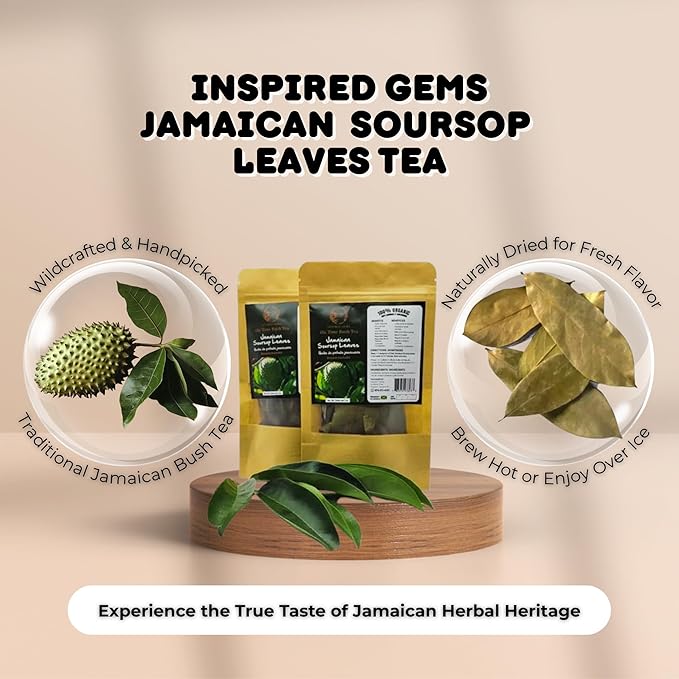 Organic Jamaican Soursop Leaf Tea – 2 Pack (2 x 1oz) – Handpicked Graviola Leaves – Bushtea-Dried Tea Leaves – 100% Natural Dried Soursop from Jamaica – Inspired Gems SoursopLeaves