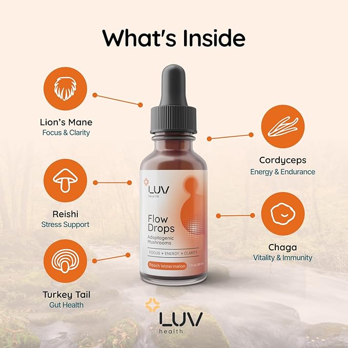LUV health Flow Drops® – Energy Supplement for Focus Mental Clarity &amp Immune Support - Adaptogenic Mushrooms with Lion’s Mane Cordyceps Reishi Chaga &amp Turkey Tail – Vegan Made in USA 60 S
