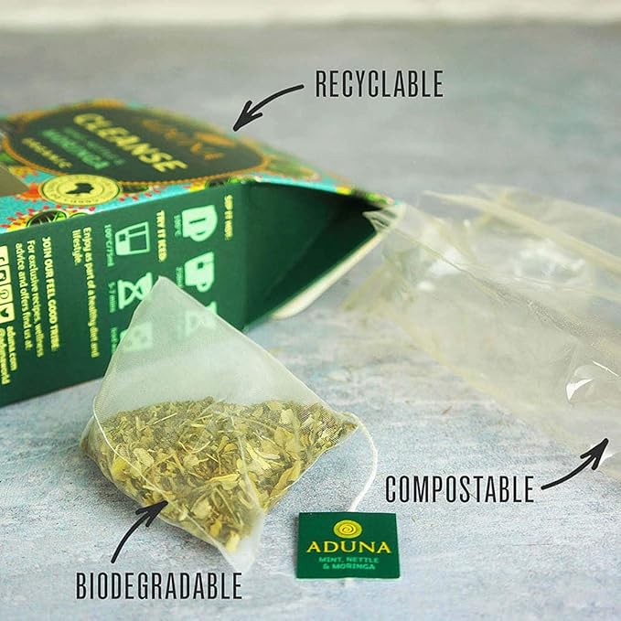 Aduna Organic Cleanse Moringa Super Tea | Natural Caffeine-Free Herbal Infusion With Moringa Peppermint &amp Nettle | Superfood Tea for Digestion &amp Gut Support | 15 Biodegradable Pyramid Bags x