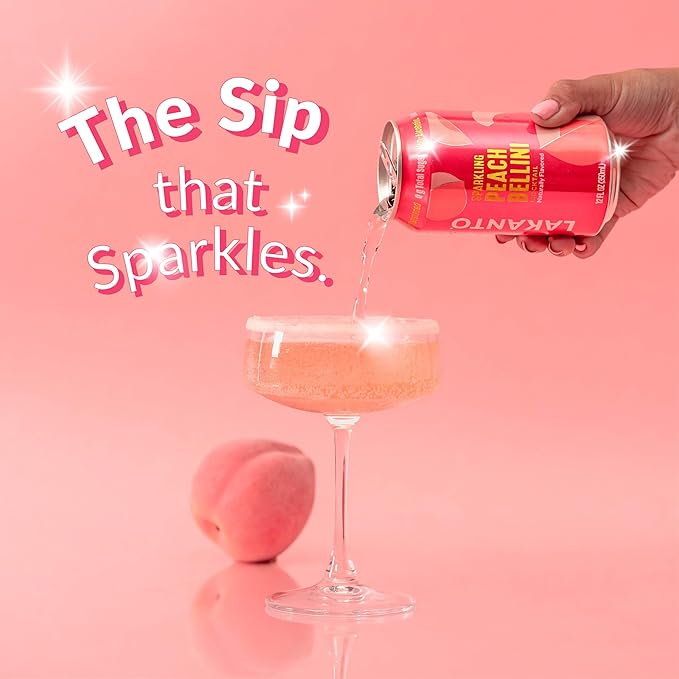 Lakanto Sparkling Peach Bellini Mocktail Non Alcoholic Drink - 0g Sugar Naturally Sweetened with Monk Fruit &amp Allulose Ready to Drink Better for You Soda Pop (24 Pack)
