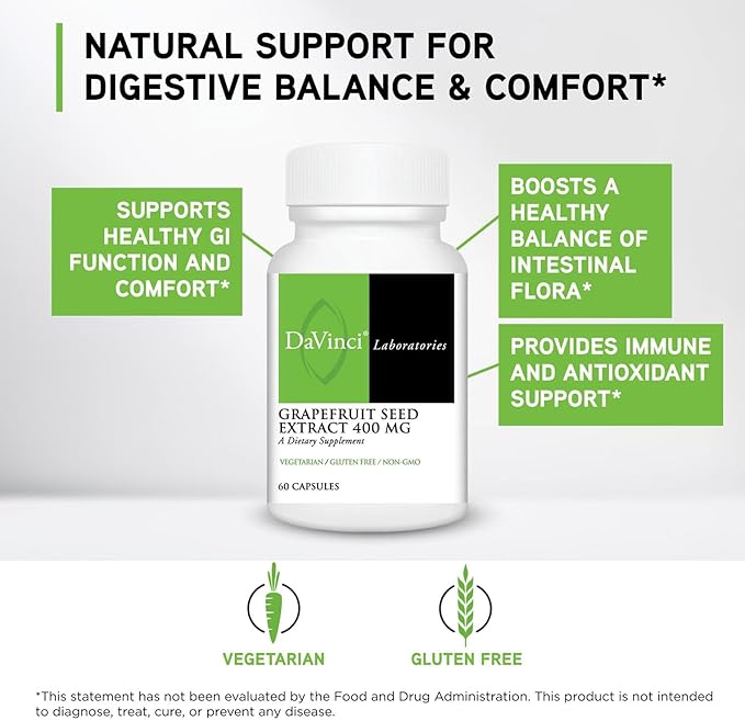 DAVINCI Labs Grapefruit Seed Extract 400 mg - Supports GI &amp Digestive Gut Health - Gluten Free Vegetarian - 60 Capsules (30-Day Supply)