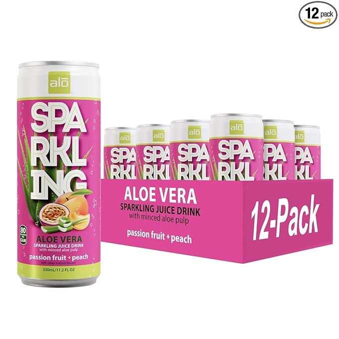 ALO Sparkling Passion Fruit &amp Peach Carbonated Aloe Vera Juice Drink | 11.2 fl oz Pack of 12 | Plant-Based Beverage Vegan