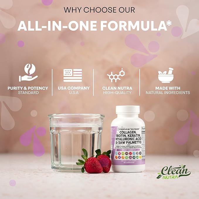 Clean Nutraceuticals Collagen Pills 1000mg Biotin 10000mcg Keratin Saw Palmetto Hyaluronic Acid - Hair Skin &amp Nails Vitamins &amp DHT Blocker with Vitamin E Folic Acid Pumpkin Seed MSM - 90 Count