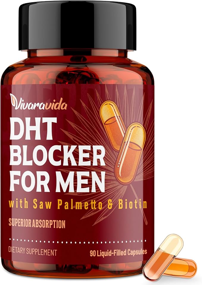 DHT Blocker for Men | Hair Growth Vitamins Supplement with Saw Palmetto &amp Biotin - Hair Regrowth - Natural Hair Loss Supplements Liquid-Filled - Proprietary Herbal Blends (90 Capsules)