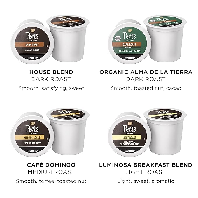 Peet's Coffee Keurig K-Cup Pods Variety Pack 100% Arabica Coffee - Luminosa Breakfast Blend Café Domingo Organic Alma De La Tierra House Blend 40 Count (4 Boxes of 10 Pods)