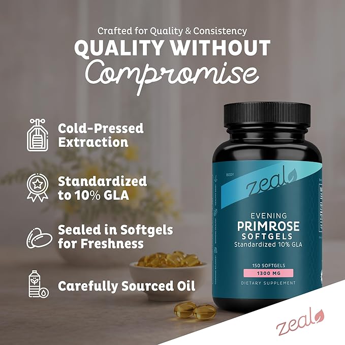 Zeal Naturals Evening Primrose Oil Softgels (Liquid Capsules) 1300mg 150 Softgels | Evening Primrose Oil for Women | Hormone Support &amp Skin Health | Standardized 10% GLA