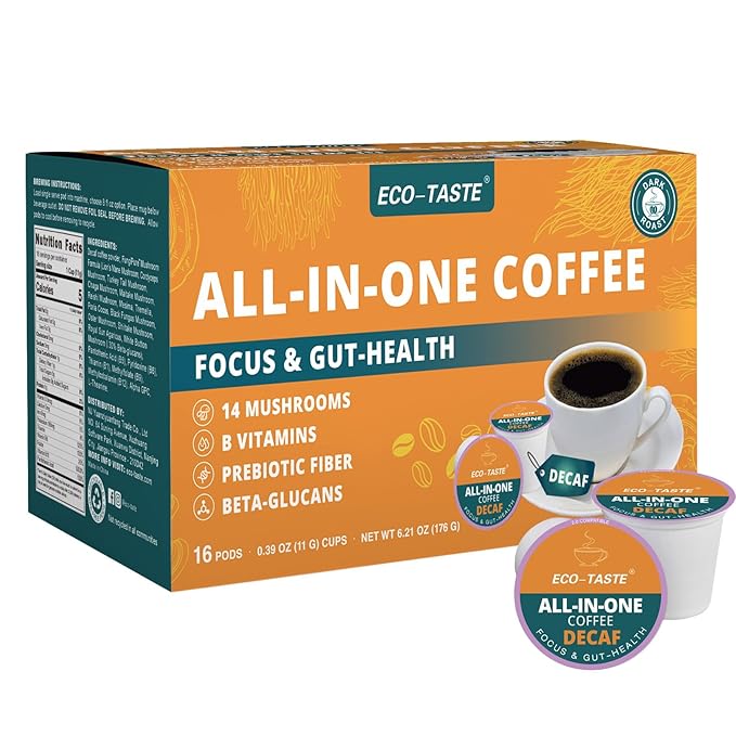 Decaf Mushroom Coffee K Cup – Focus &amp Gut-Health with 14-Mushrooms Vitamins L-Theanine and Alpha GPC Single Serve Pods - No Crash or Jitters 16 Count
