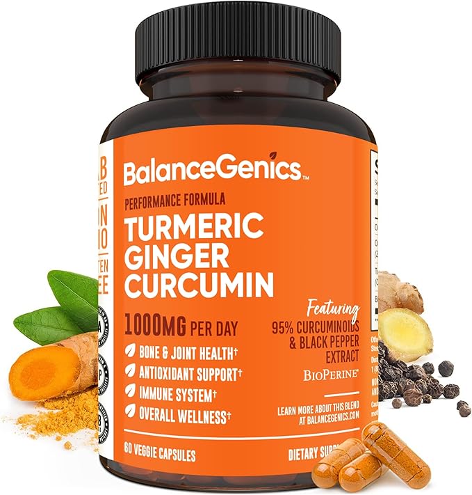 Turmeric Curcumin Supplement with Black Pepper &amp Ginger Root 1000mg | Optimized Formula 95% Curcuminoids Curcuma | Joint Health &amp Inflammation Support | 60 Capsules Powder Filled