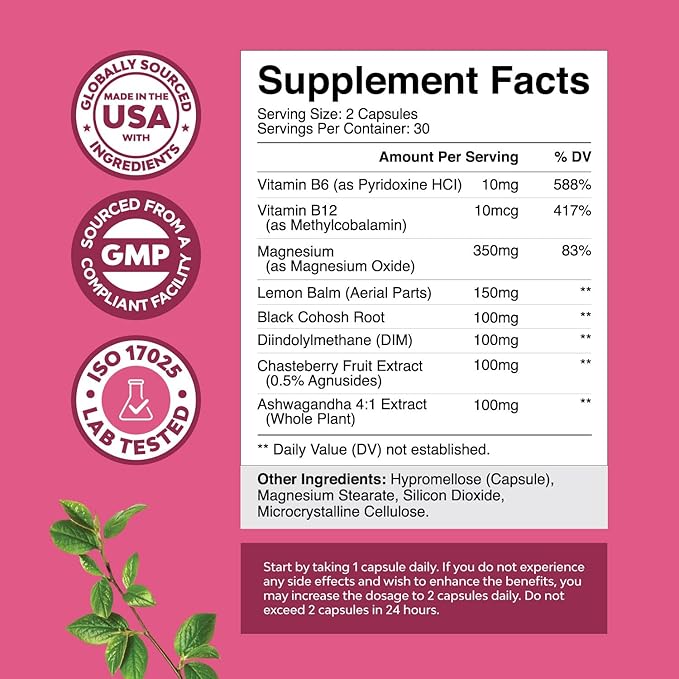 PMS Support Supplement for Women – Hormone Balance for Women &amp Menstrual Discomfort with DIM Chasteberry Black Cohosh &amp Ashwagandha - for Period Cramps Ease Menopause Bloating Mood Swing –
