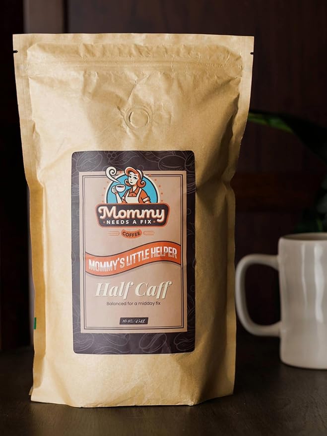Mommy Needs A Fix Half Caff Whole Bean Coffee | 100% All Natural Arabica Beans | Medium Roast | Chemical Free Swiss Water Process | Pregnancy &amp Breastfeeding Friendly | Roasted in the USA | 1 lb
