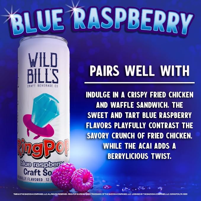 Wild Bill’s Blue Raspberry Ring Pop Craft Soda Pop Soft Drinks – Pure Cane Sugar No HFCS Caffeine Free Vegan Gluten Free Low Sodium Lightly Carbonated - 12 Oz Cans 12 Pack