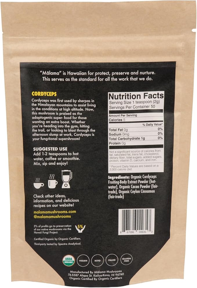 Malama Organic Mushroom Hot Cacao Mix Cordyceps Mushroom Powder with Fair Trade Cacao Supports Energy &amp Immune Health – Vegan Supplement &amp Superfood Non GMO 3.5 oz (50 Servings)