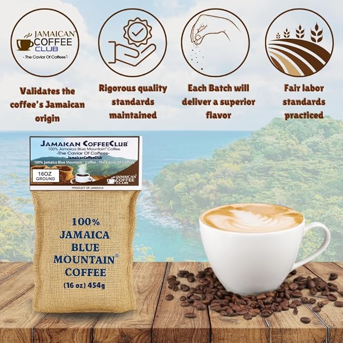 JamaicanCoffeeClub Blue Mountain Ground Coffee RG 16oz 100% Jamaican Blue Mountain Coffee Fresh Medium Roast Smooth &amp Balanced Taste Premium Quality Coffee from Jamaica