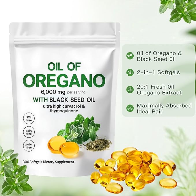 Oil of Oregano with Black Seed Oil2-in-1 Oregano Oil Capsules Organic6000mg Per Serving300 Softgels4X Strength Carvacrol &amp ThymoquinoneNon-GMOGluten Free &amp Immune Support