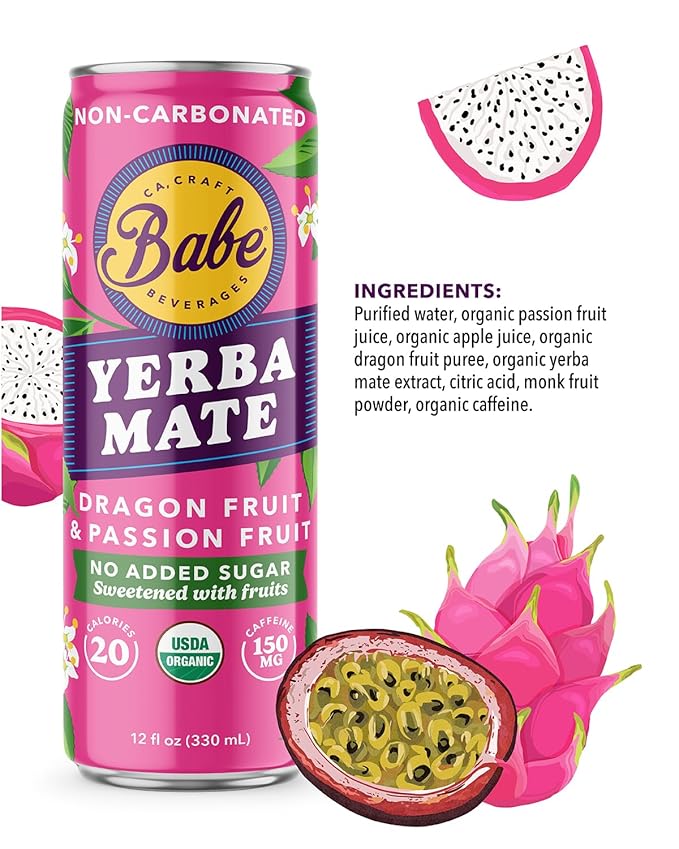 Babe Organic Yerba Mate Energy Drinks | NO SUGAR ADDED with 150mg Plant-Based Caffeine | Natural Yerba Mate Tea with No Crash No Jitters - Peach Mango &amp Passion Dragon (12 x 12oz Cans)