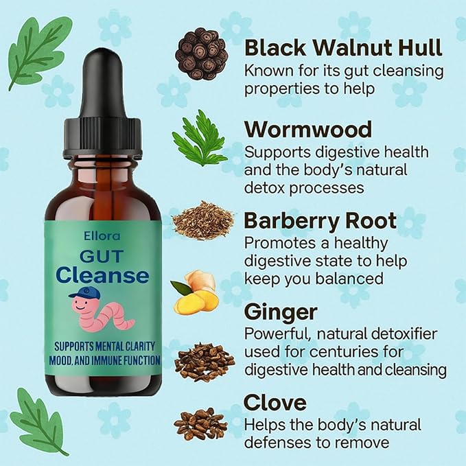 Ellora Gut Cleanse Drops Gentle Gut and Colon Support for Black Walnut Hull Wormwood Clove Oregano Licorice Root | 30 Servings