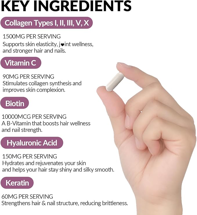 Collagen Peptides for Women Hydrolyzed Collagen Capsules - Type I II III V X - 1500mg Multi Collagen with Biotin Hyaluronic Acid Keratin Vitamin C