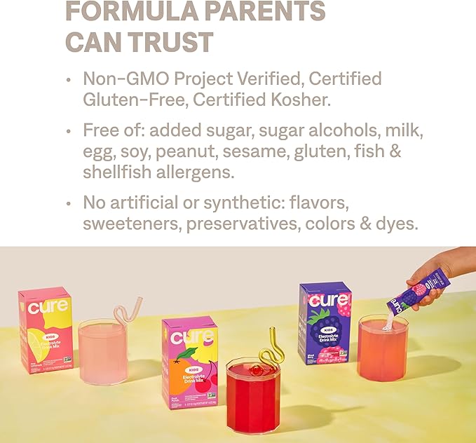 Cure Hydration - Kids Electrolyte Drink Mix | Plant-Based Pediatrician Formulated Rehydration | No Added Sugar FSA-HSA Non-GMO Gluten-Free No Artificial Flavors | Box of 6 Packets - Fruit Punch