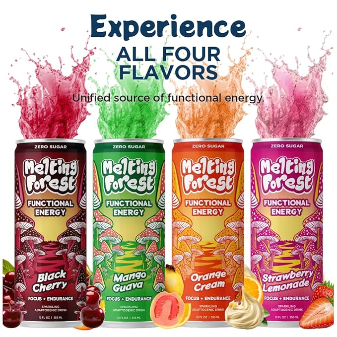 Melting Forest Mushroom Energy Drink Cordyceps &amp Lion's Mane 150mg of Caffeine Energy &amp Focus Cognitive Function &amp Mental Clarity Black Cherry (12 Pack)