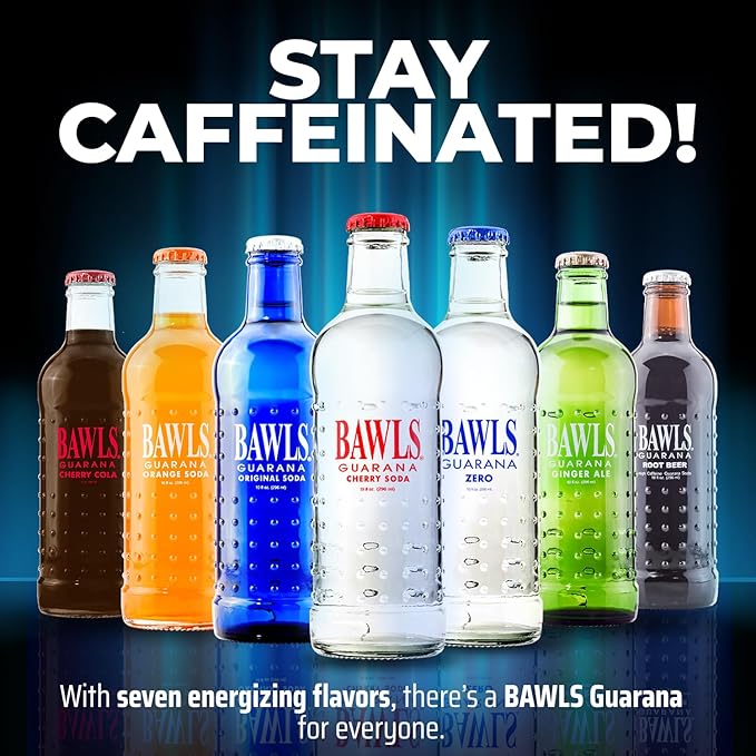 BAWLS Guarana Cherry BAWLS Guarana Drink Guarana Soda Guarana Fueled Soda for Energy High Energy Caffeinated Drink 10oz 12 Pack Glass Bottles