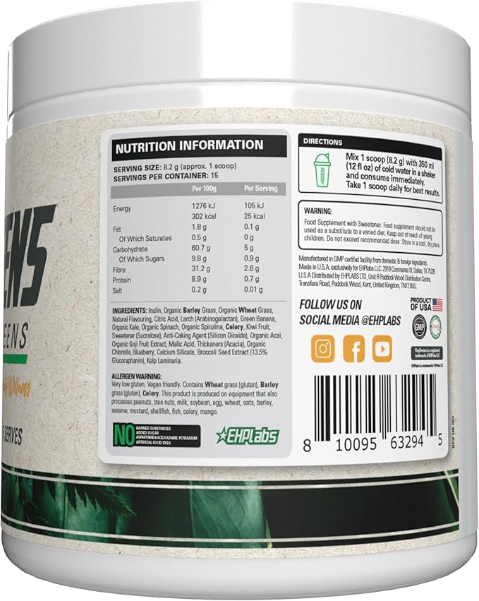 EHP Labs OxyGreens Super Greens Powder with Spirulina &amp Chlorella Prebiotic Fiber Probiotics &amp Digestive Enzymes – Antioxidant Green Superfood Supplement - 15 Serves (Pineapple)