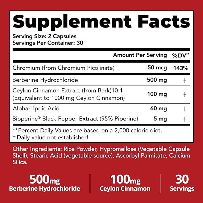 30-Day Supply Berberine with Ceylon Cinnamon 500mg Berberine Supplement for Blood Sugar Support Metabolism* Gluten-Free Non-GMO &amp Vegan 60 Capsules