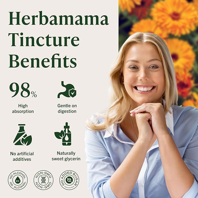 HERBAMAMA Calendula Tincture - Vegan Antioxidant &amp Detox Support with Calendula Herb Extract Drops - Non-GMO Alcohol &amp Sugar-Free Liquid Supplement 84-Day Supply