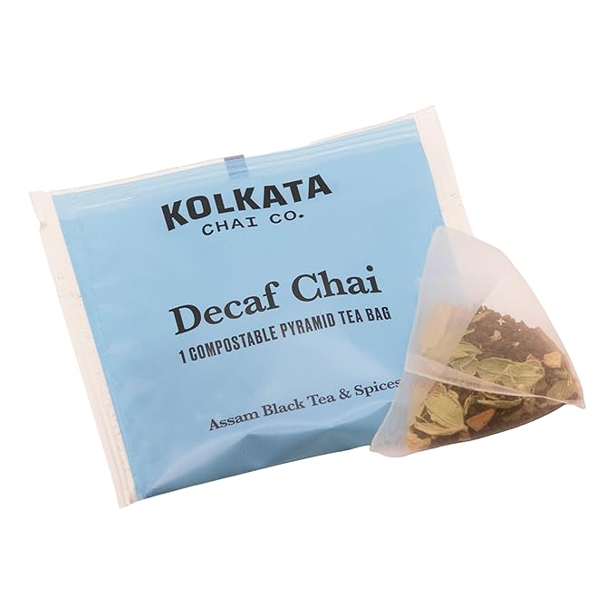 Kolkata Chai - Decaf Chai Tea Bag 45 Count Premium Assam Black Tea and Spices Compostable Tea Bags Vegan All Natural